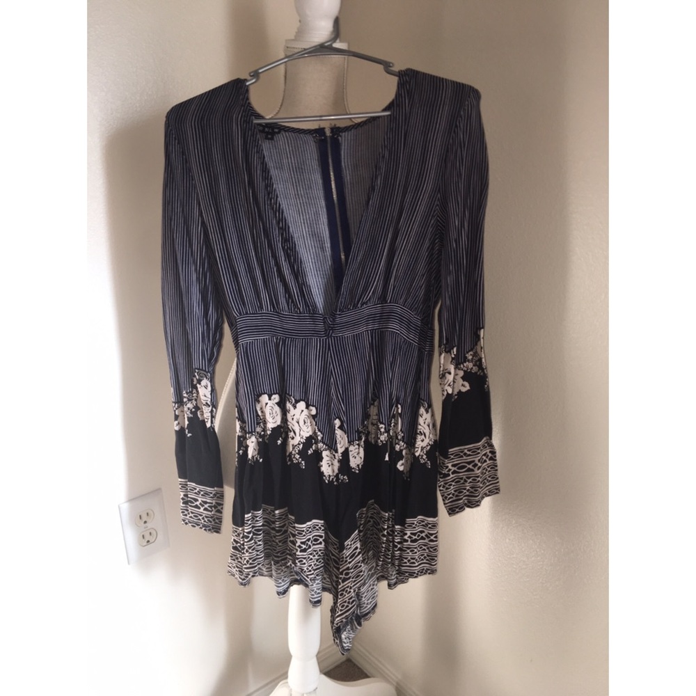 Navy Blue and Cream Plunge V neck Romper